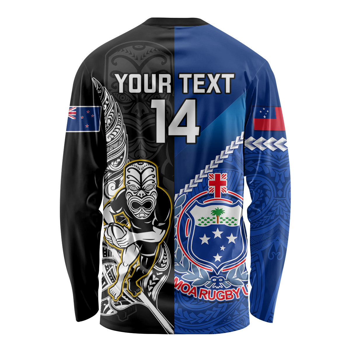 Custom New Zealand And Samoa Rugby Long Sleeve Shirt All Black Tiki Fern Mix Manu Samoa 2023 World Cup - Vibe Hoodie Shop