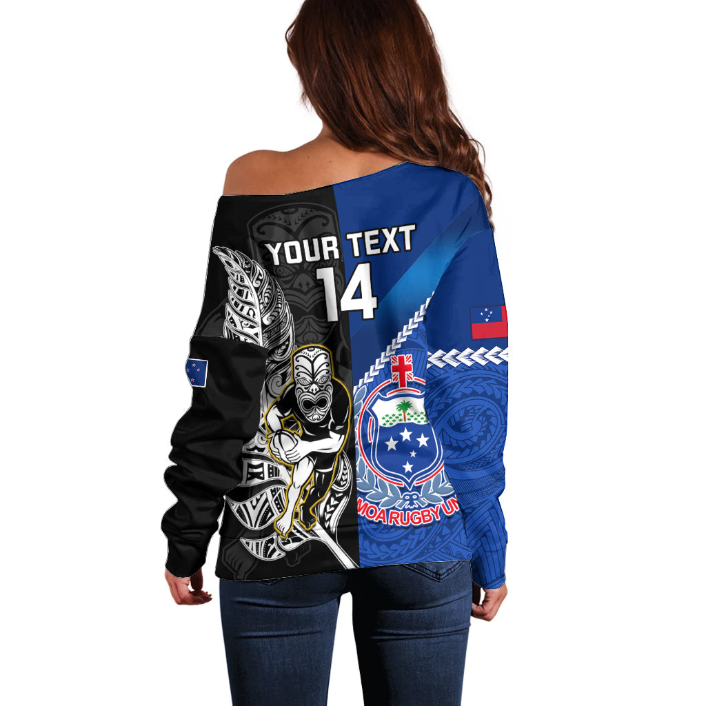 Custom New Zealand And Samoa Rugby Off Shoulder Sweater All Black Tiki Fern Mix Manu Samoa 2023 World Cup - Vibe Hoodie Shop