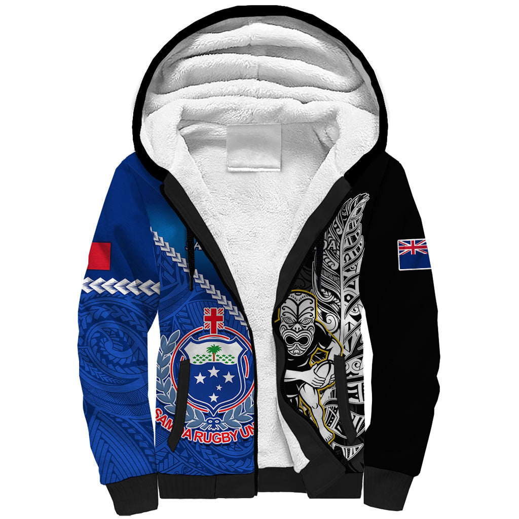 Custom New Zealand And Samoa Rugby Sherpa Hoodie All Black Tiki Fern Mix Manu Samoa 2023 World Cup - Vibe Hoodie Shop