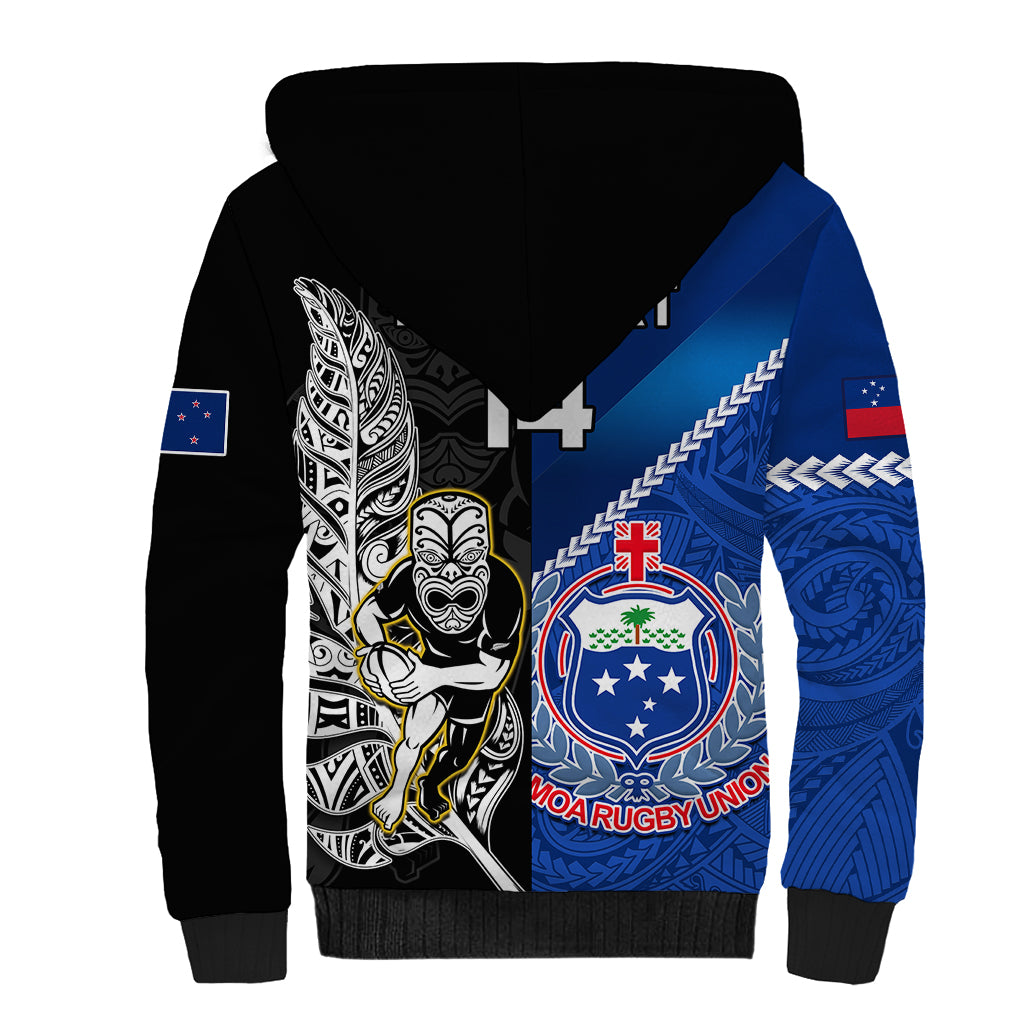 Custom New Zealand And Samoa Rugby Sherpa Hoodie All Black Tiki Fern Mix Manu Samoa 2023 World Cup - Vibe Hoodie Shop