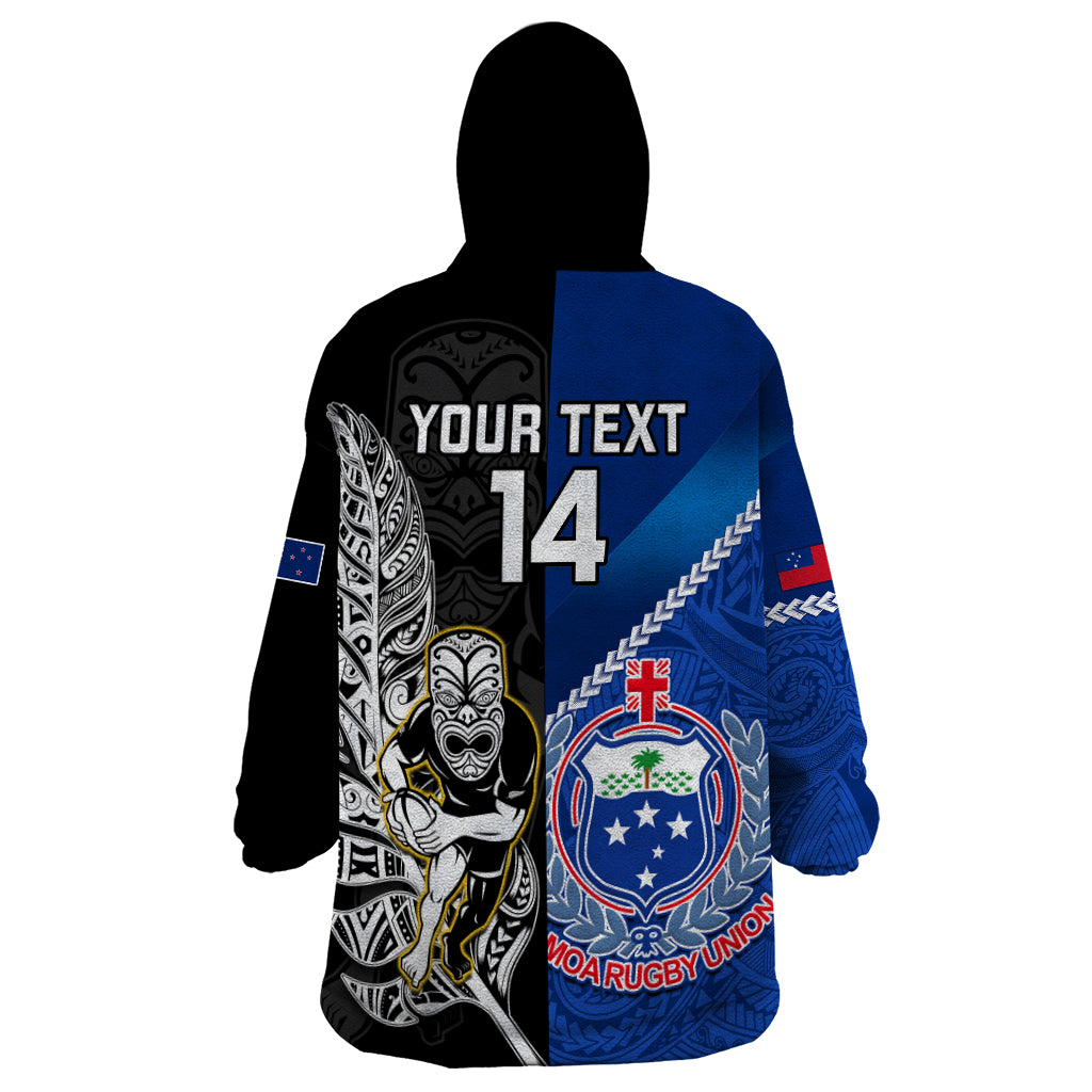 Custom New Zealand And Samoa Rugby Wearable Blanket Hoodie All Black Tiki Fern Mix Manu Samoa 2023 World Cup - Vibe Hoodie Shop