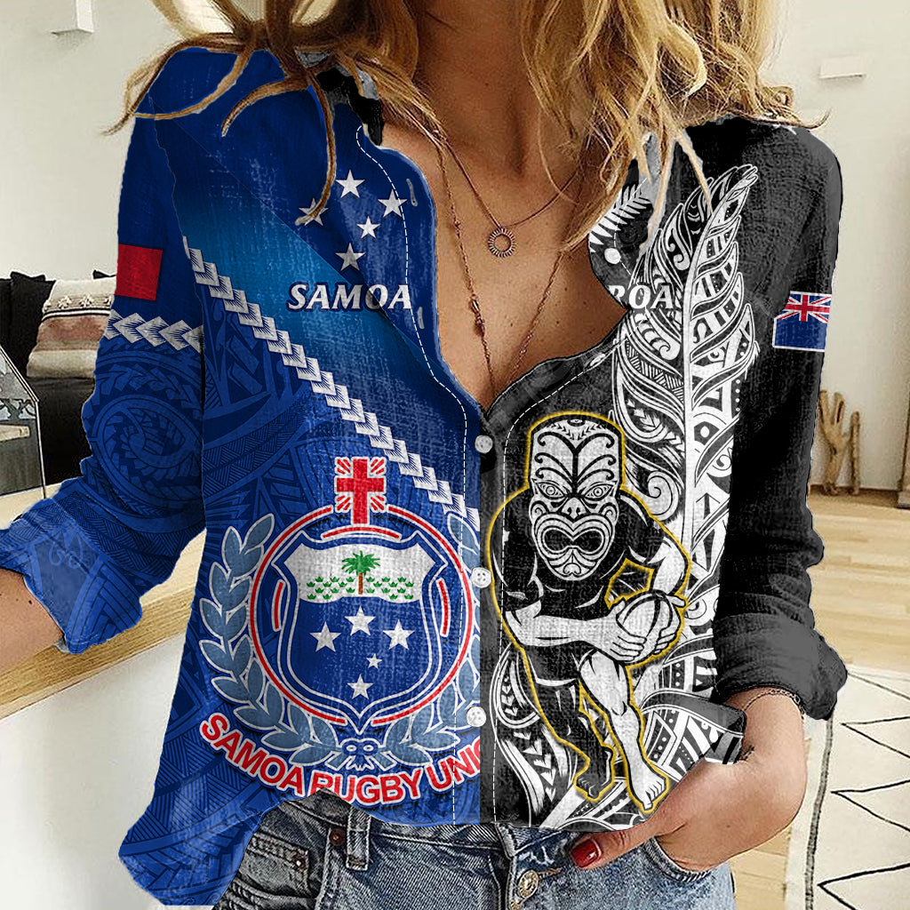 Custom New Zealand And Samoa Rugby Women Casual Shirt All Black Tiki Fern Mix Manu Samoa 2023 World Cup - Vibe Hoodie Shop