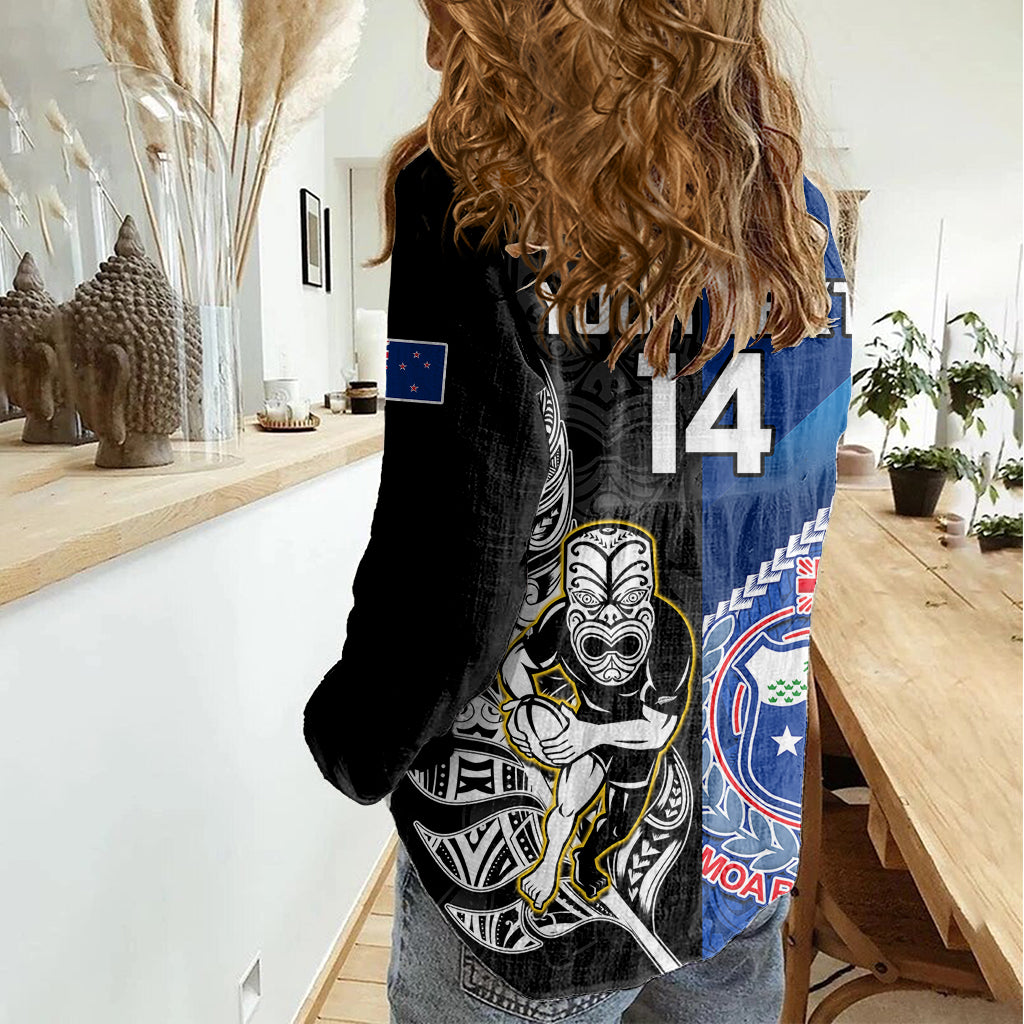 Custom New Zealand And Samoa Rugby Women Casual Shirt All Black Tiki Fern Mix Manu Samoa 2023 World Cup - Vibe Hoodie Shop