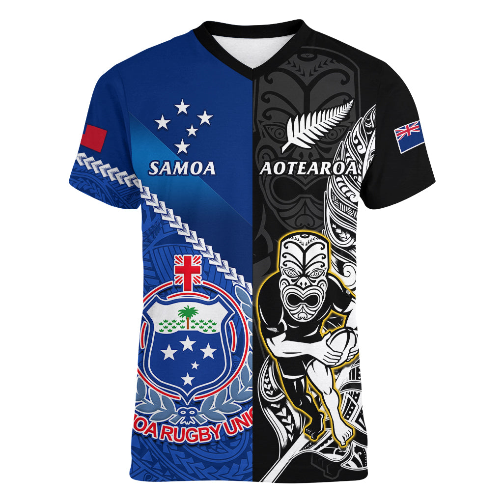 Custom New Zealand And Samoa Rugby Women V Neck T Shirt All Black Tiki Fern Mix Manu Samoa 2023 World Cup - Vibe Hoodie Shop