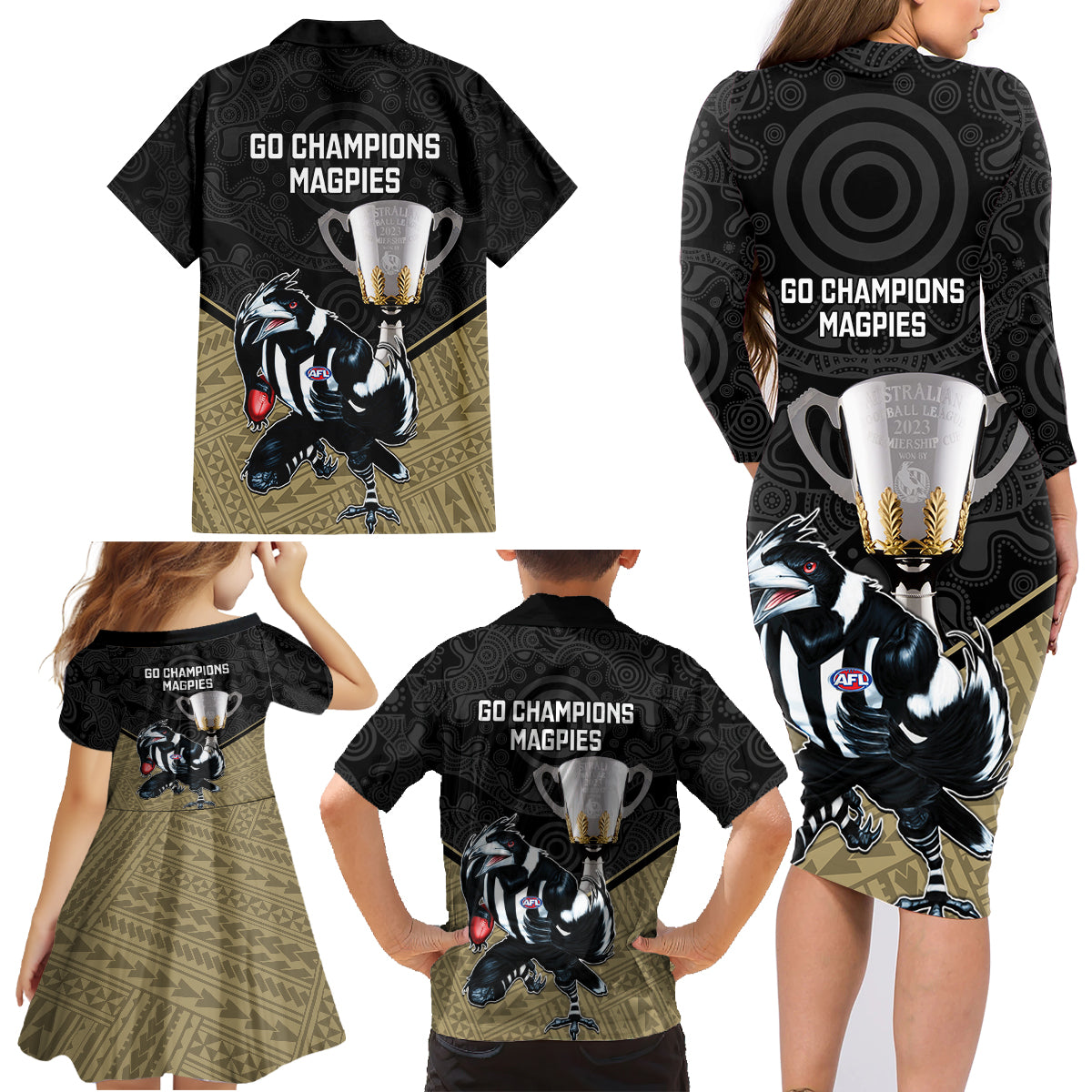 collingwood-football-family-matching-long-sleeve-bodycon-dress-and-hawaiian-shirt-magpies-go-champions-2023-polynesian-indigenous-art