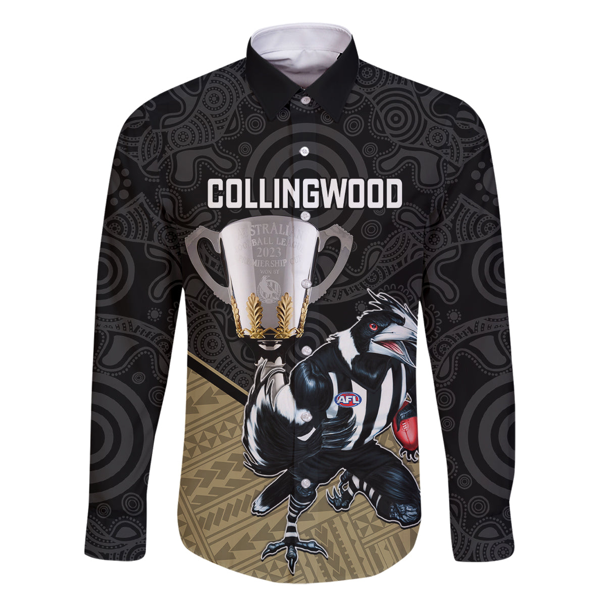 collingwood-football-family-matching-long-sleeve-bodycon-dress-and-hawaiian-shirt-magpies-go-champions-2023-polynesian-indigenous-art