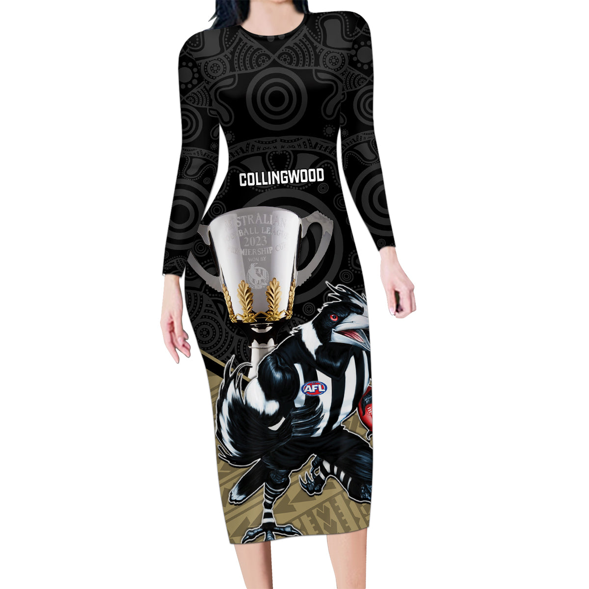 collingwood-football-family-matching-long-sleeve-bodycon-dress-and-hawaiian-shirt-magpies-go-champions-2023-polynesian-indigenous-art