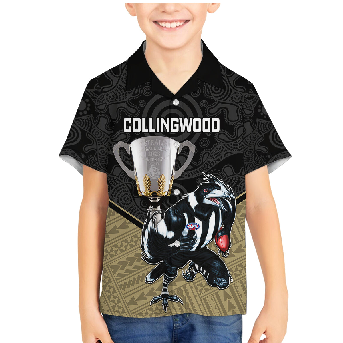 collingwood-football-family-matching-mermaid-dress-and-hawaiian-shirt-magpies-go-champions-2023-polynesian-indigenous-art