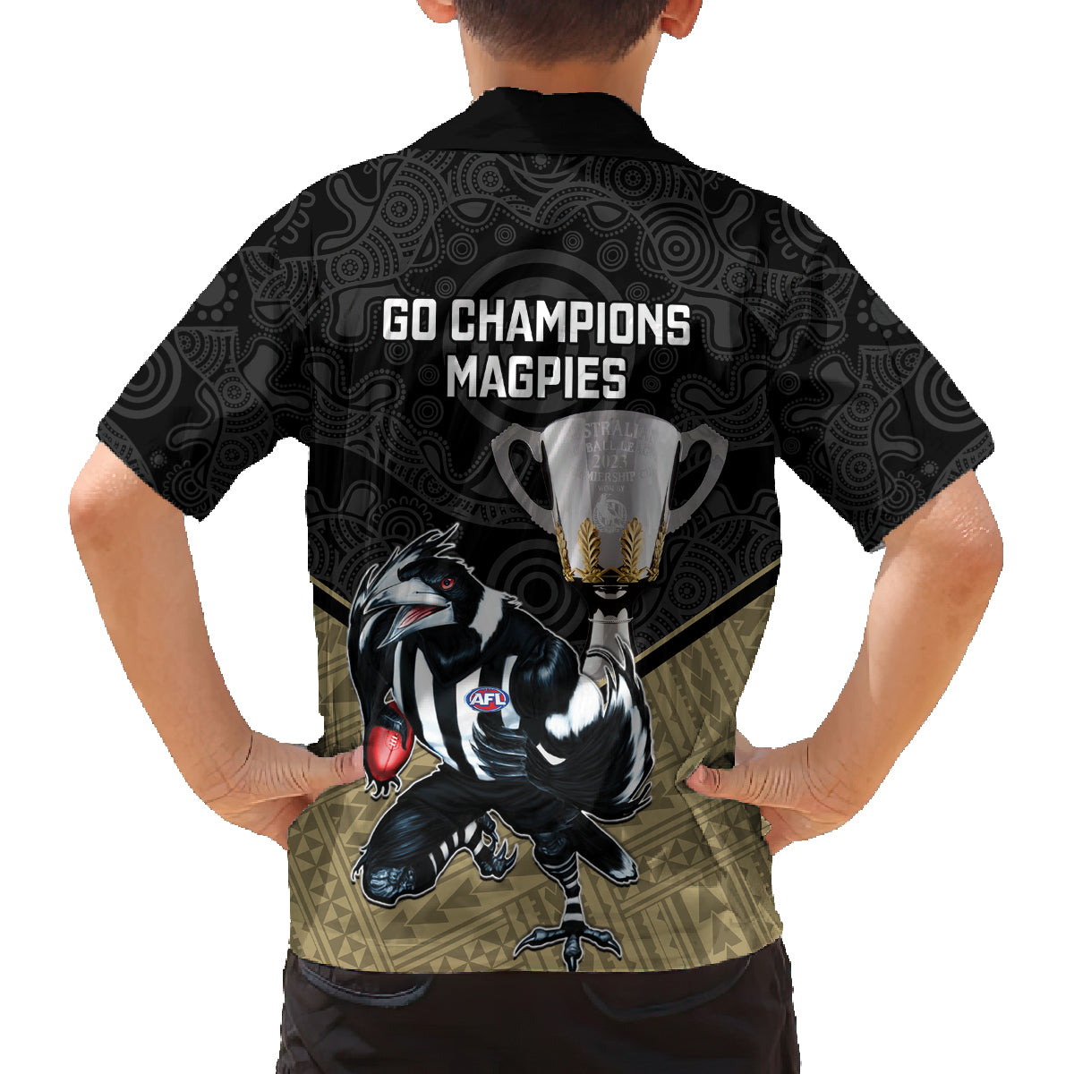 collingwood-football-family-matching-off-shoulder-long-sleeve-dress-and-hawaiian-shirt-magpies-go-champions-2023-polynesian-indigenous-art