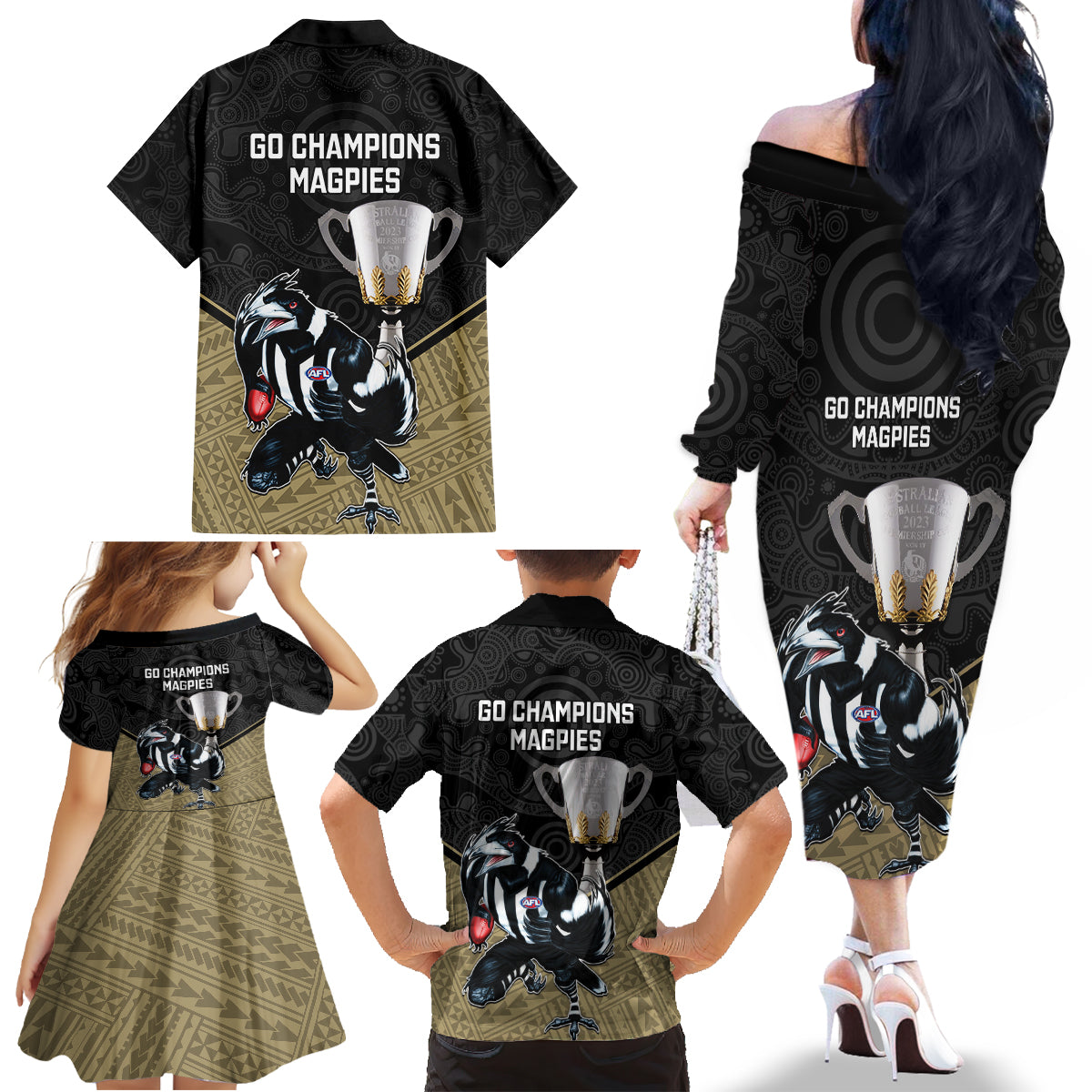 collingwood-football-family-matching-off-shoulder-long-sleeve-dress-and-hawaiian-shirt-magpies-go-champions-2023-polynesian-indigenous-art