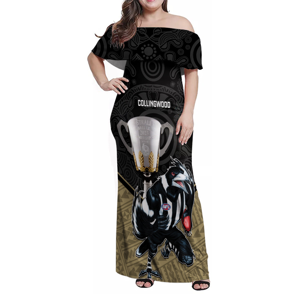 collingwood-football-family-matching-off-shoulder-maxi-dress-and-hawaiian-shirt-magpies-go-champions-2023-polynesian-indigenous-art