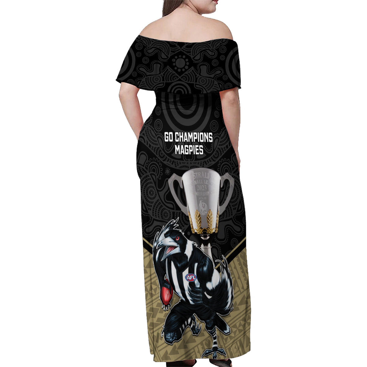 collingwood-football-family-matching-off-shoulder-maxi-dress-and-hawaiian-shirt-magpies-go-champions-2023-polynesian-indigenous-art