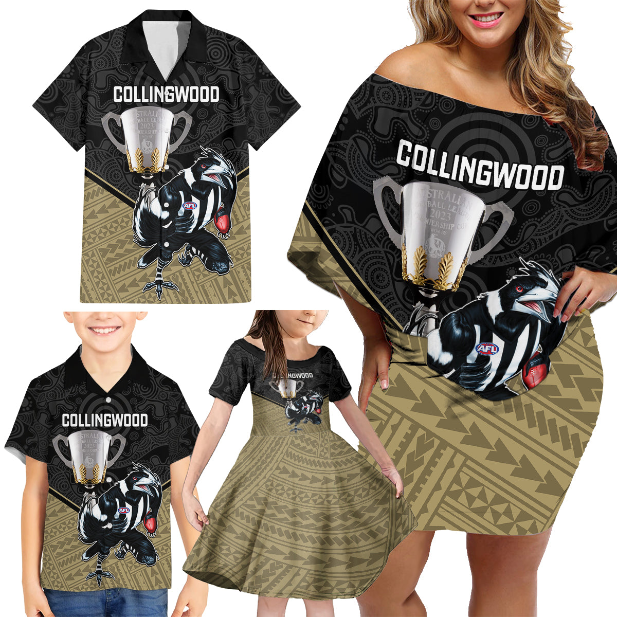 collingwood-football-family-matching-off-shoulder-short-dress-and-hawaiian-shirt-magpies-go-champions-2023-polynesian-indigenous-art