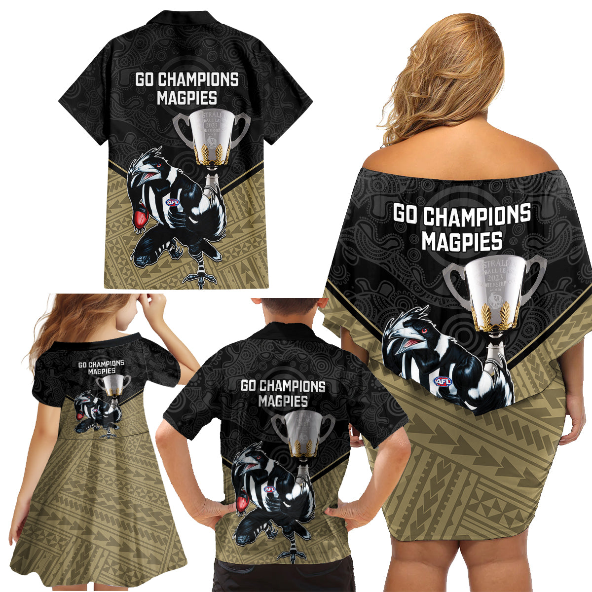 collingwood-football-family-matching-off-shoulder-short-dress-and-hawaiian-shirt-magpies-go-champions-2023-polynesian-indigenous-art