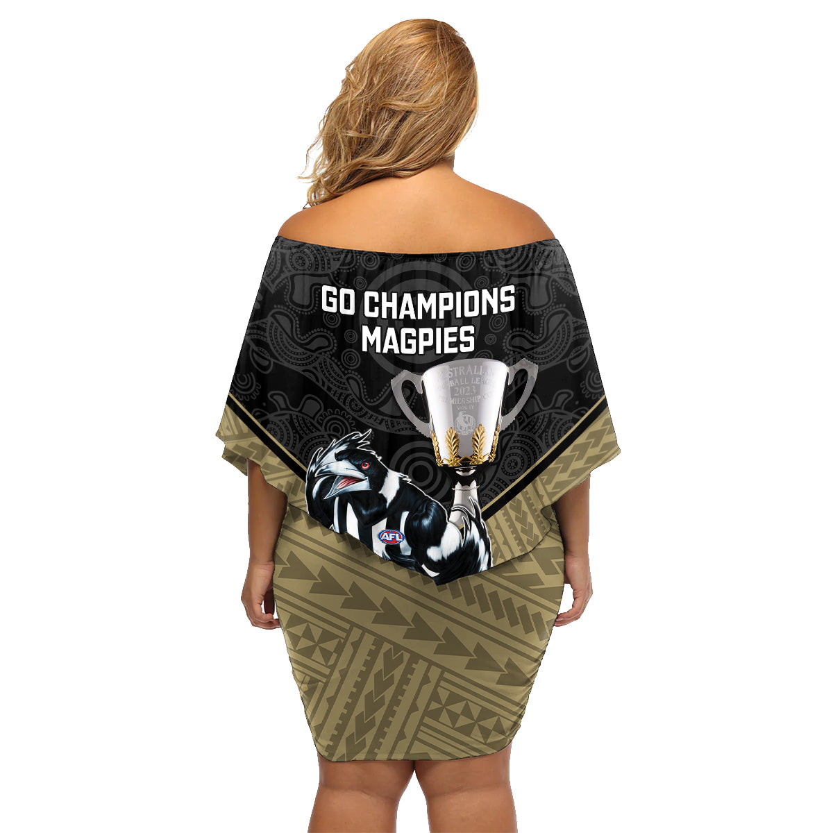 collingwood-football-family-matching-off-shoulder-short-dress-and-hawaiian-shirt-magpies-go-champions-2023-polynesian-indigenous-art