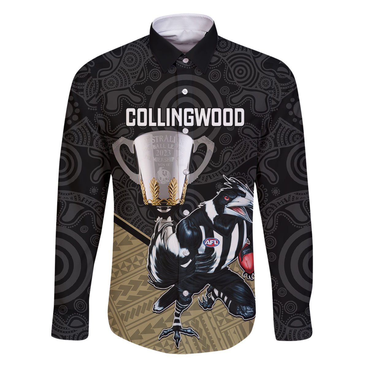 collingwood-football-family-matching-puletasi-dress-and-hawaiian-shirt-magpies-go-champions-2023-polynesian-indigenous-art