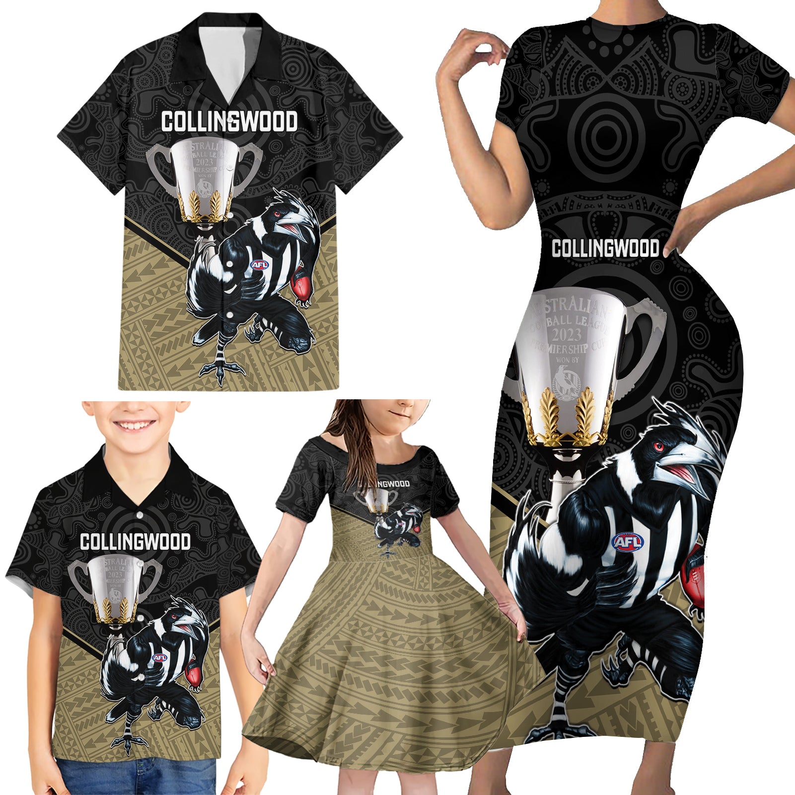 collingwood-football-family-matching-short-sleeve-bodycon-dress-and-hawaiian-shirt-magpies-go-champions-2023-polynesian-indigenous-art