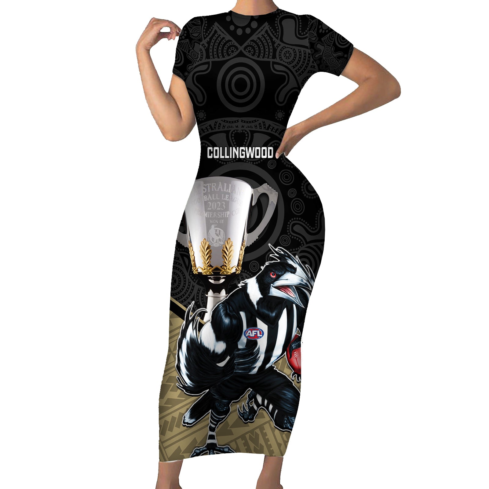 collingwood-football-family-matching-short-sleeve-bodycon-dress-and-hawaiian-shirt-magpies-go-champions-2023-polynesian-indigenous-art