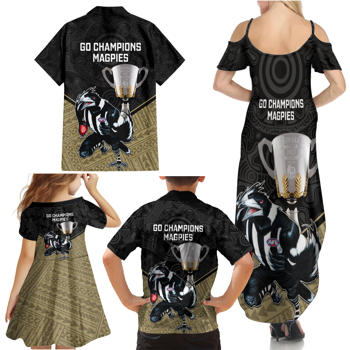 collingwood-football-family-matching-summer-maxi-dress-and-hawaiian-shirt-magpies-go-champions-2023-polynesian-indigenous-art