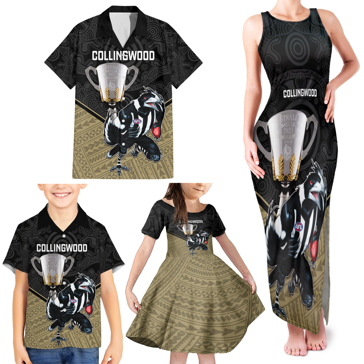 collingwood-football-family-matching-tank-maxi-dress-and-hawaiian-shirt-magpies-go-champions-2023-polynesian-indigenous-art