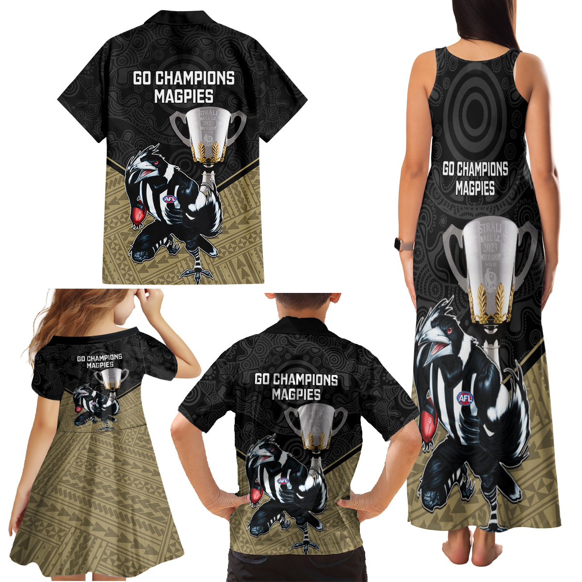 collingwood-football-family-matching-tank-maxi-dress-and-hawaiian-shirt-magpies-go-champions-2023-polynesian-indigenous-art