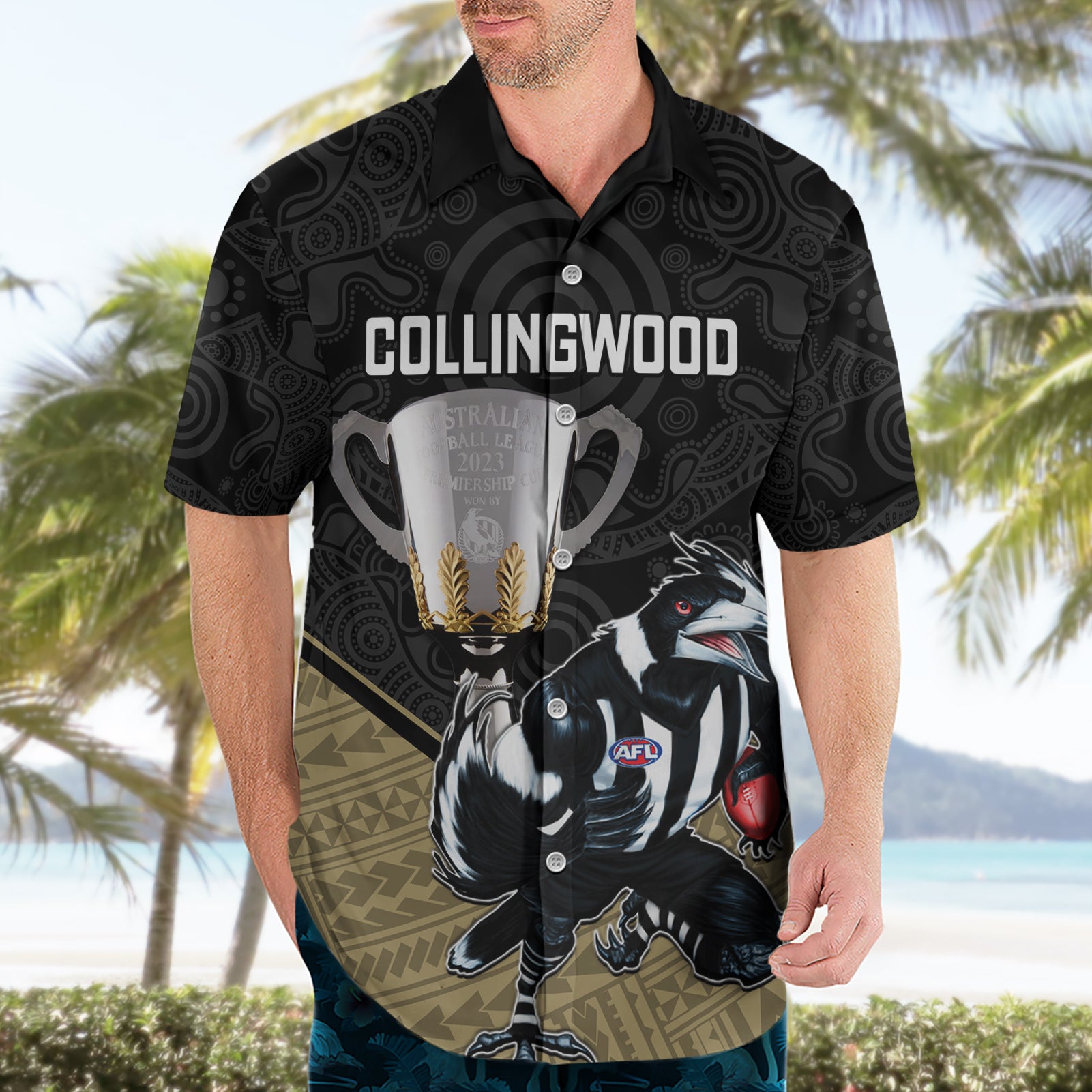 Collingwood Football Hawaiian Shirt Magpies Go Champions 2023 Polynesian Indigenous Art - Vibe Hoodie Shop