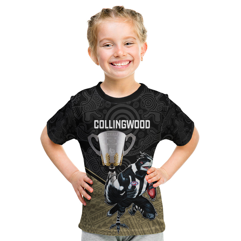 Collingwood Football Kid T Shirt Magpies Go Champions 2023 Polynesian Indigenous Art - Vibe Hoodie Shop