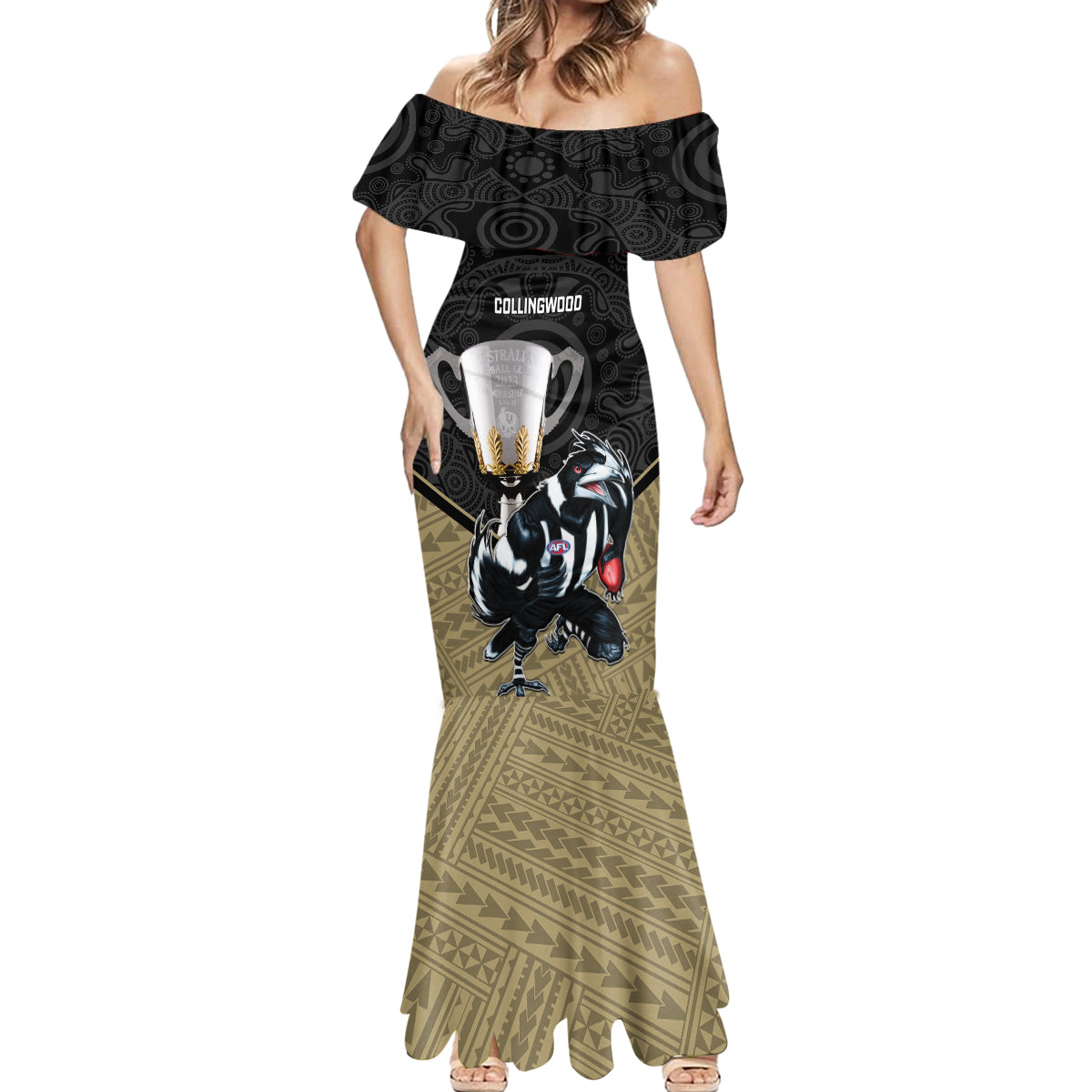 collingwood-football-mermaid-dress-magpies-go-champions-2023-polynesian-indigenous-art