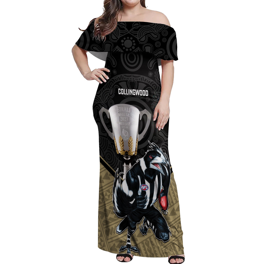 collingwood-football-off-shoulder-maxi-dress-magpies-go-champions-2023-polynesian-indigenous-art