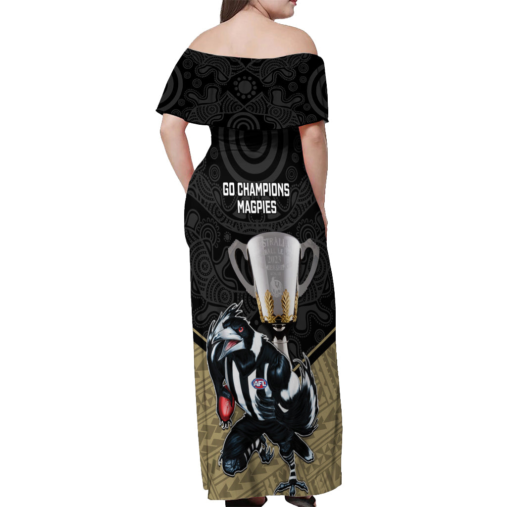 collingwood-football-off-shoulder-maxi-dress-magpies-go-champions-2023-polynesian-indigenous-art