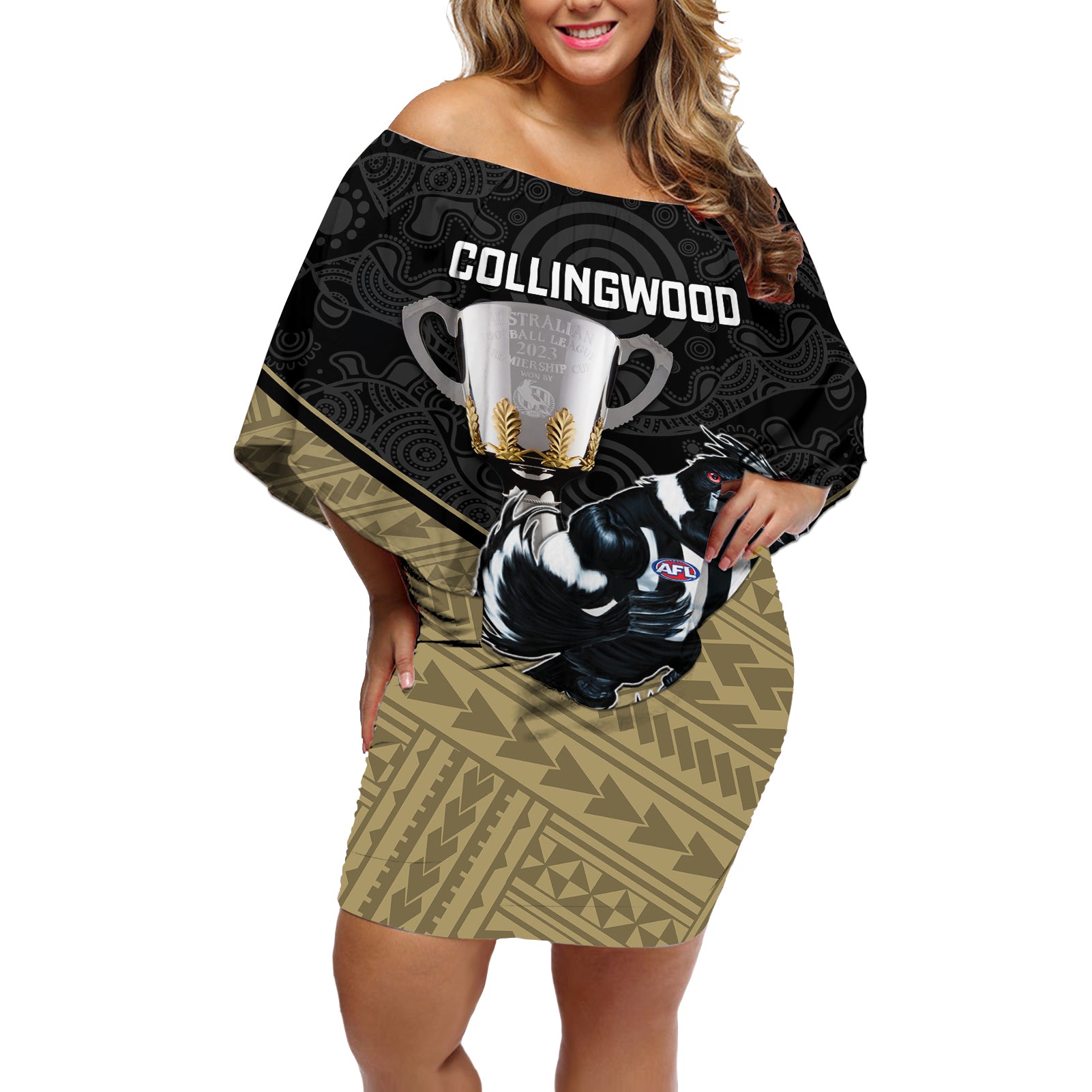 collingwood-football-off-shoulder-short-dress-magpies-go-champions-2023-polynesian-indigenous-art