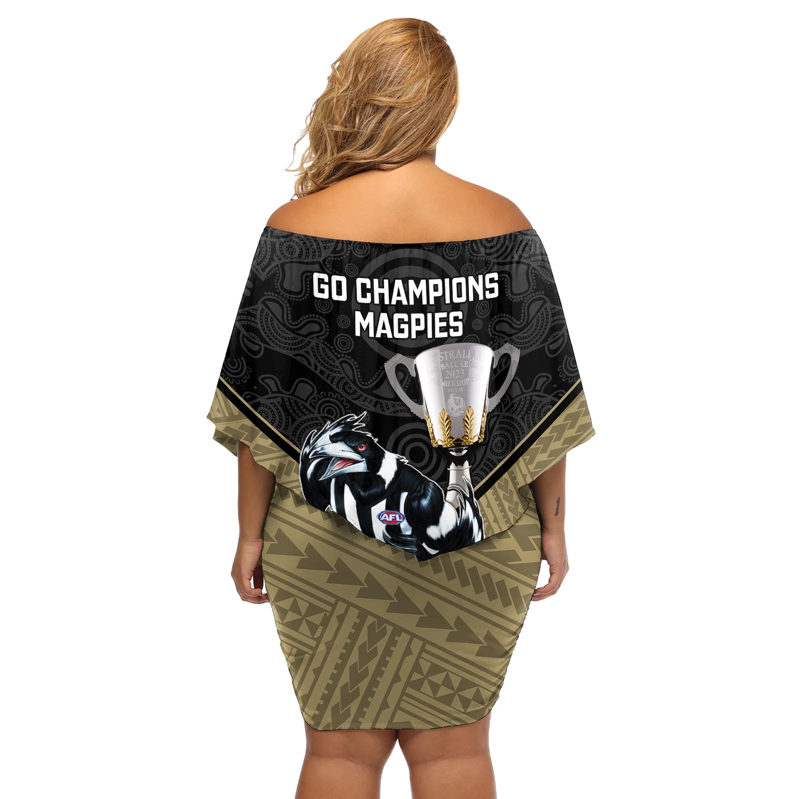 collingwood-football-off-shoulder-short-dress-magpies-go-champions-2023-polynesian-indigenous-art