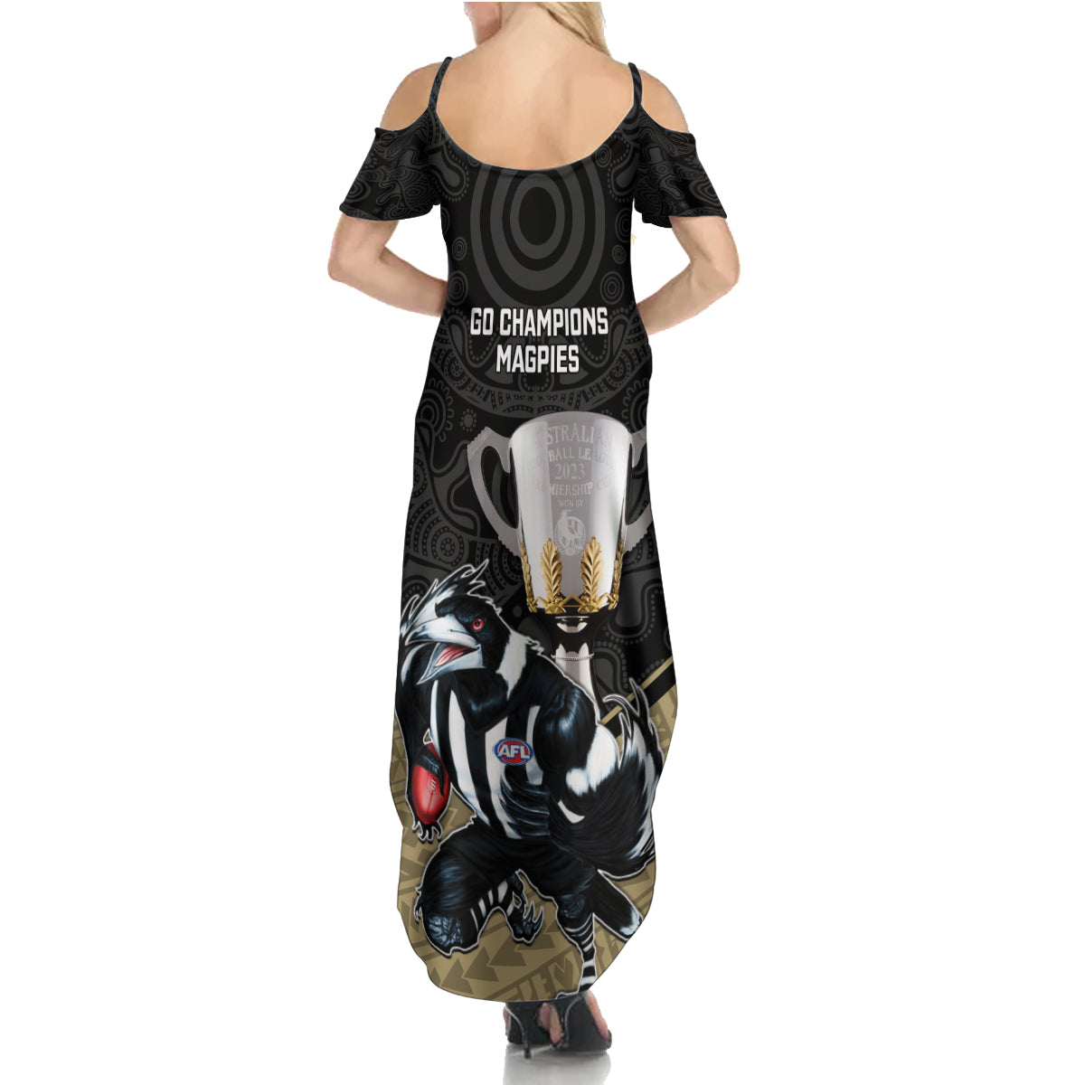 collingwood-football-summer-maxi-dress-magpies-go-champions-2023-polynesian-indigenous-art