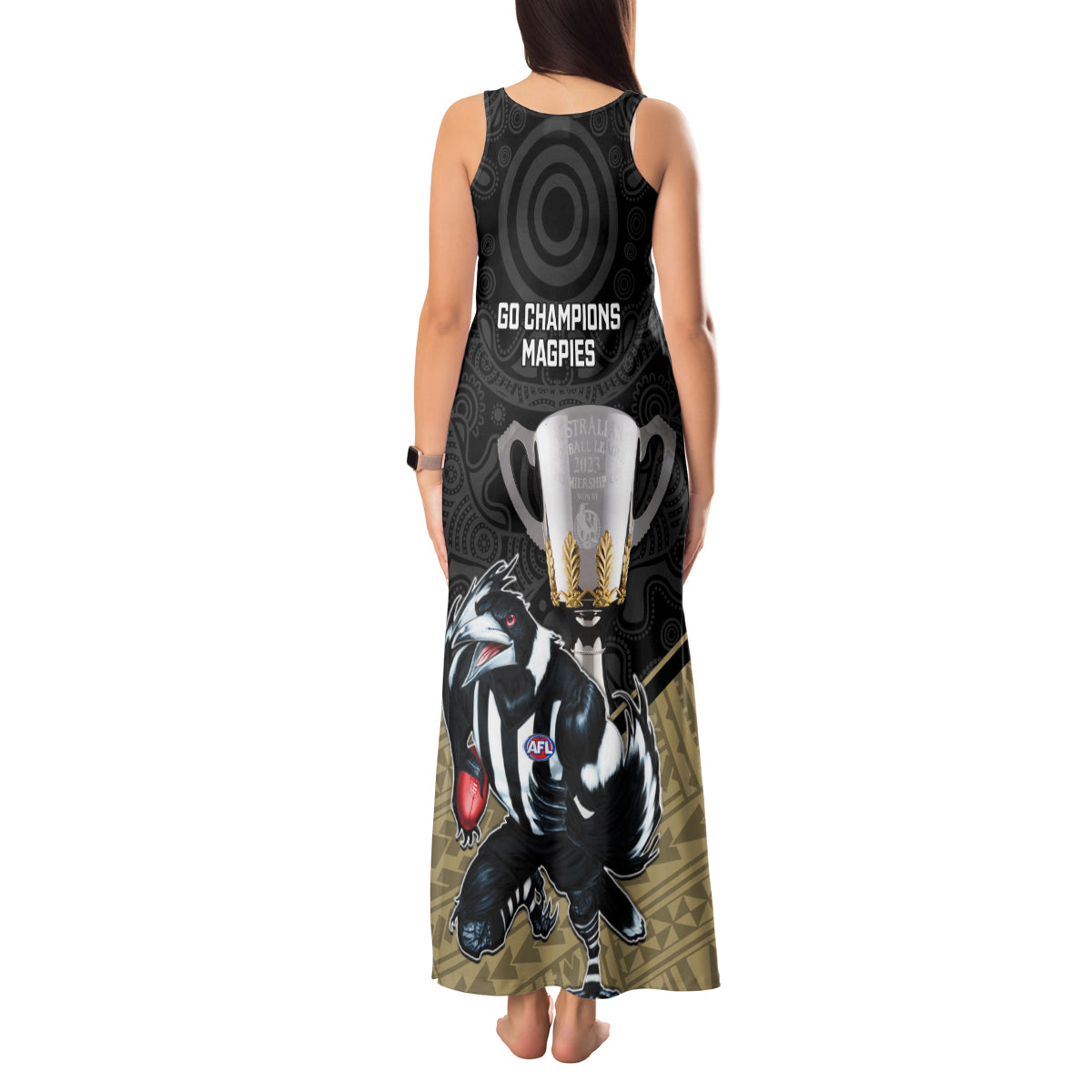 collingwood-football-tank-maxi-dress-magpies-go-champions-2023-polynesian-indigenous-art