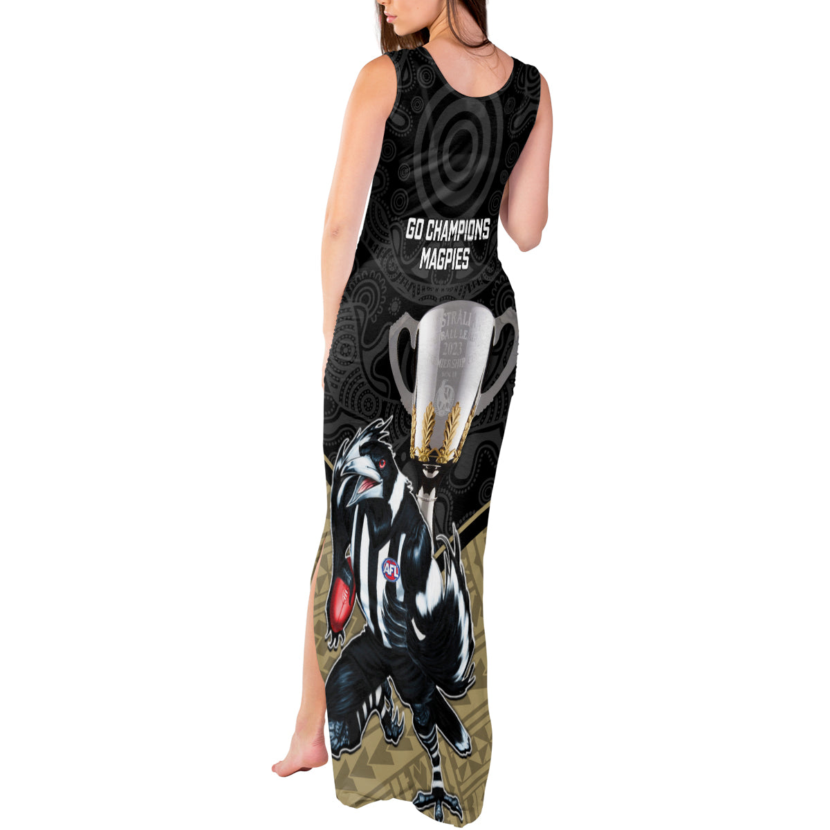 collingwood-football-tank-maxi-dress-magpies-go-champions-2023-polynesian-indigenous-art