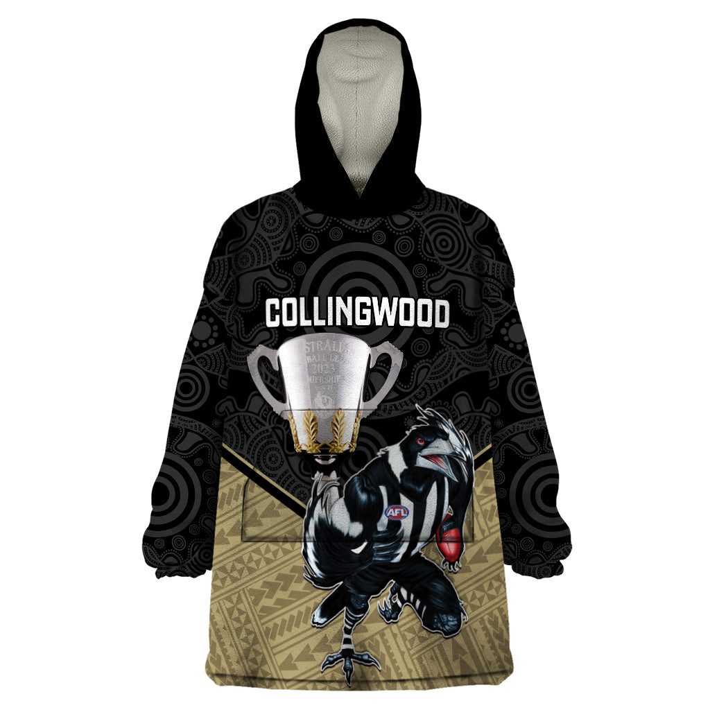 Collingwood Football Wearable Blanket Hoodie Magpies Go Champions 2023 Polynesian Indigenous Art - Vibe Hoodie Shop