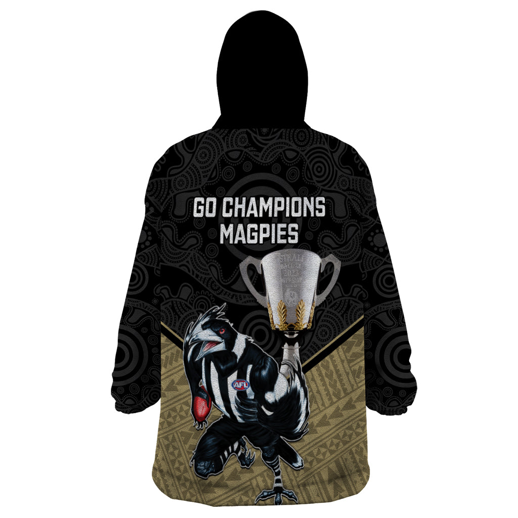 Collingwood Football Wearable Blanket Hoodie Magpies Go Champions 2023 Polynesian Indigenous Art - Vibe Hoodie Shop