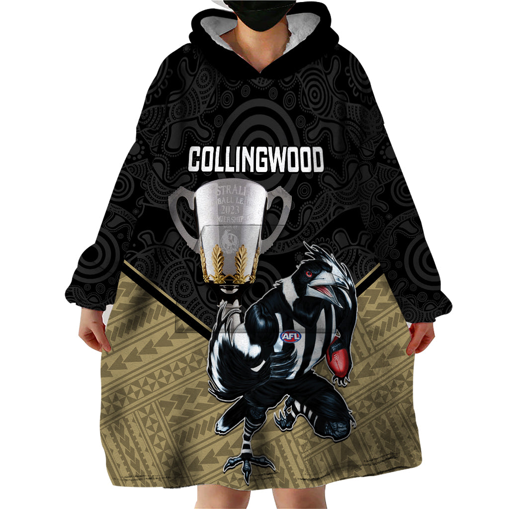 Collingwood Football Wearable Blanket Hoodie Magpies Go Champions 2023 Polynesian Indigenous Art - Vibe Hoodie Shop