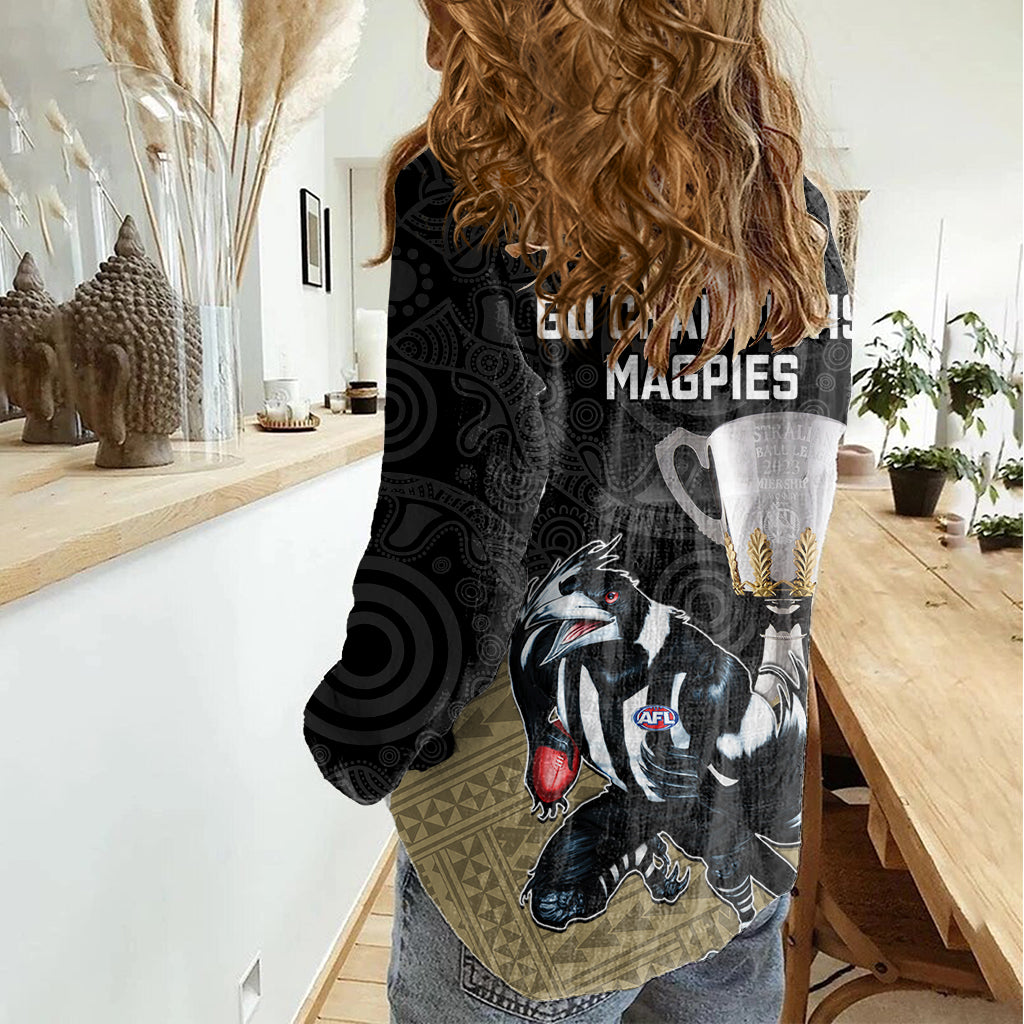 Collingwood Football Women Casual Shirt Magpies Go Champions 2023 Polynesian Indigenous Art - Vibe Hoodie Shop