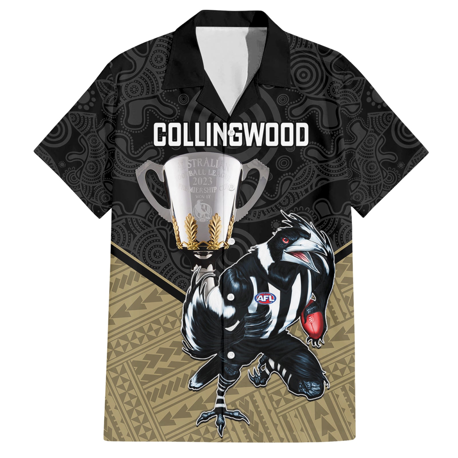 Personalised Collingwood Football Hawaiian Shirt Magpies Go Champions 2023 Polynesian Indigenous Art - Vibe Hoodie Shop