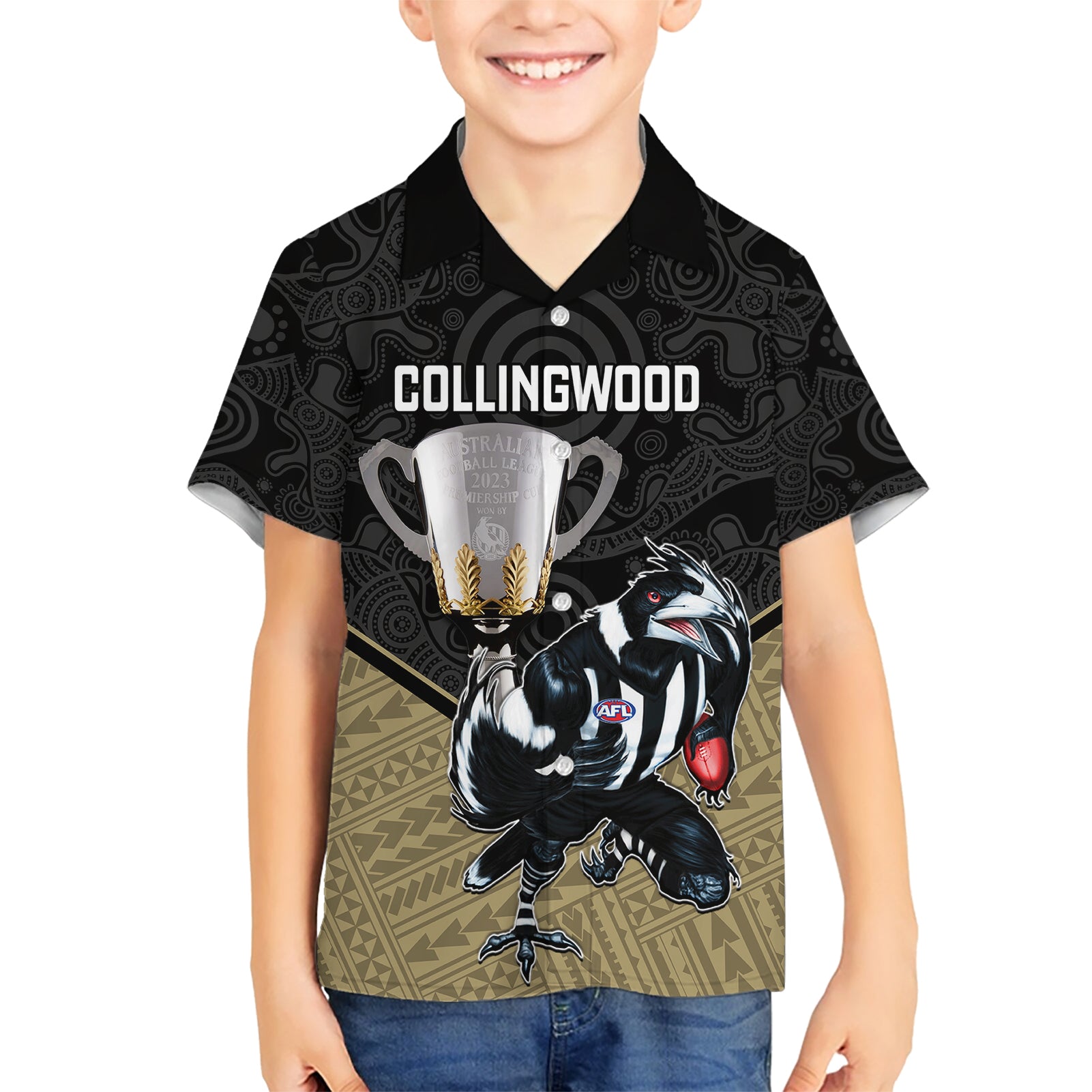 Personalised Collingwood Football Hawaiian Shirt Magpies Go Champions 2023 Polynesian Indigenous Art - Vibe Hoodie Shop