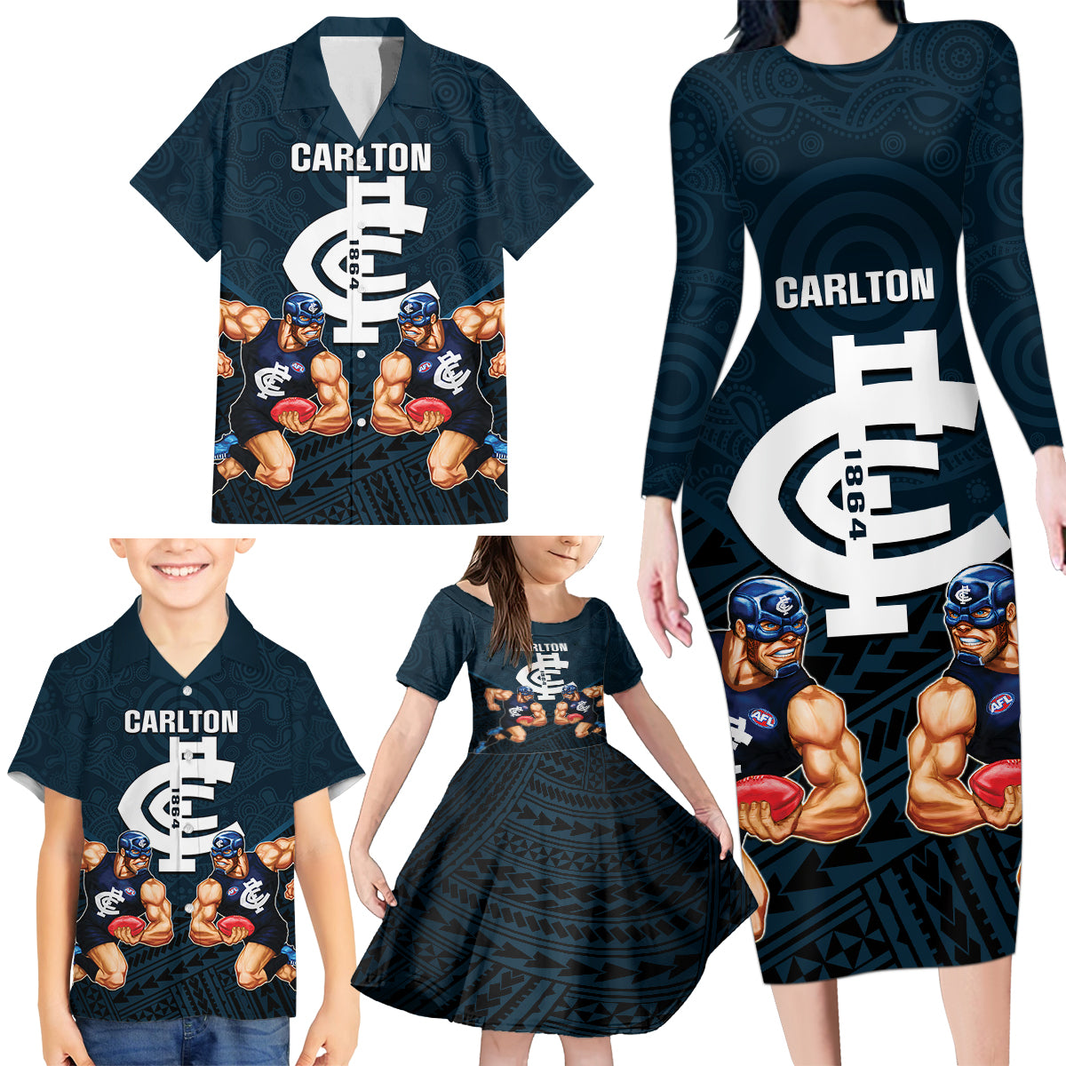 calrton-football-family-matching-long-sleeve-bodycon-dress-and-hawaiian-shirt-blues-go-champions-2023-polynesian-indigenous-art