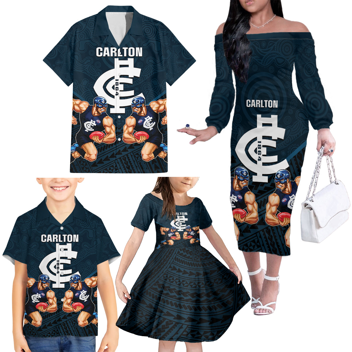 calrton-football-family-matching-off-shoulder-long-sleeve-dress-and-hawaiian-shirt-blues-go-champions-2023-polynesian-indigenous-art