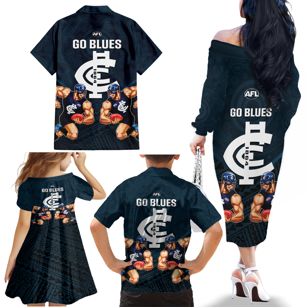 calrton-football-family-matching-off-shoulder-long-sleeve-dress-and-hawaiian-shirt-blues-go-champions-2023-polynesian-indigenous-art