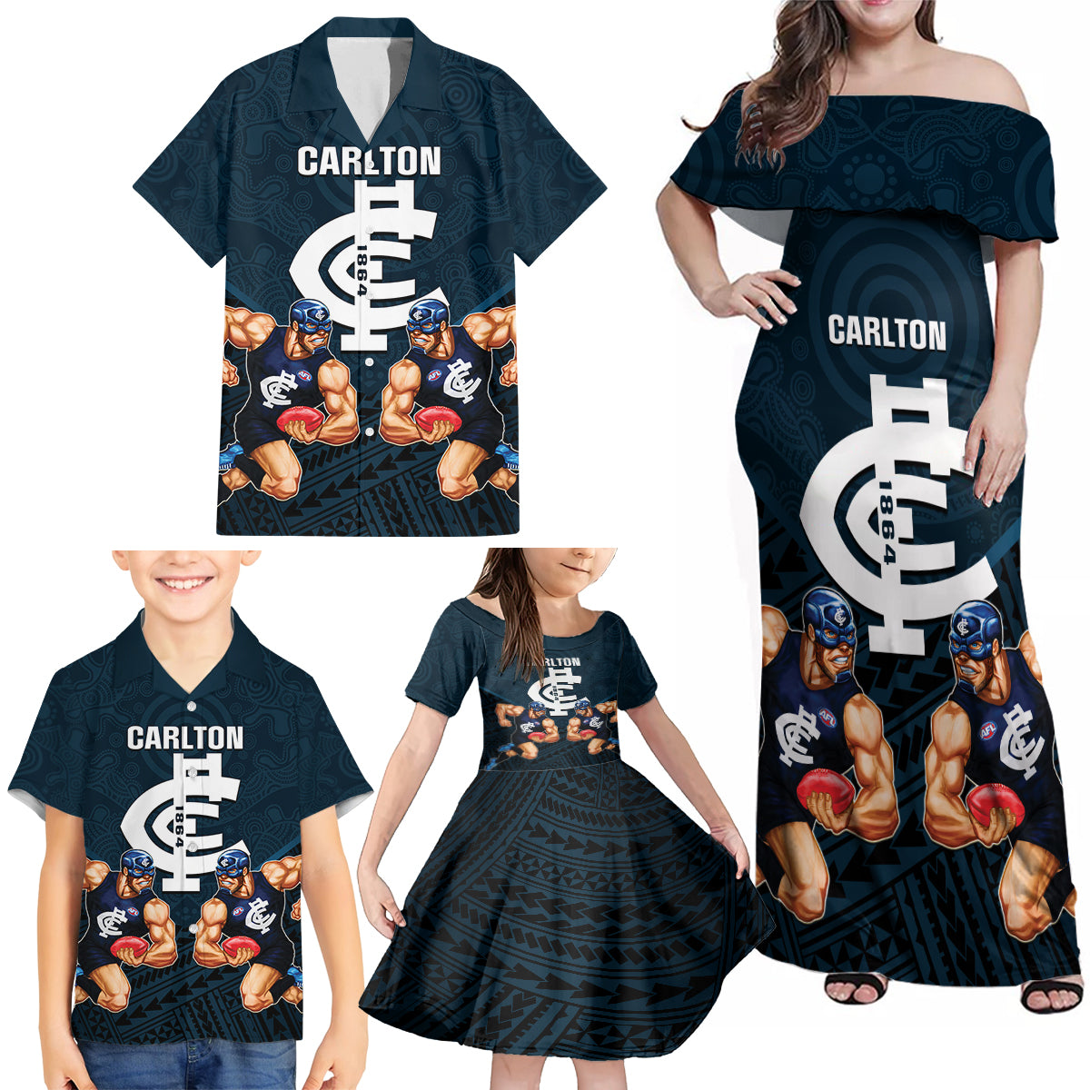 calrton-football-family-matching-off-shoulder-maxi-dress-and-hawaiian-shirt-blues-go-champions-2023-polynesian-indigenous-art