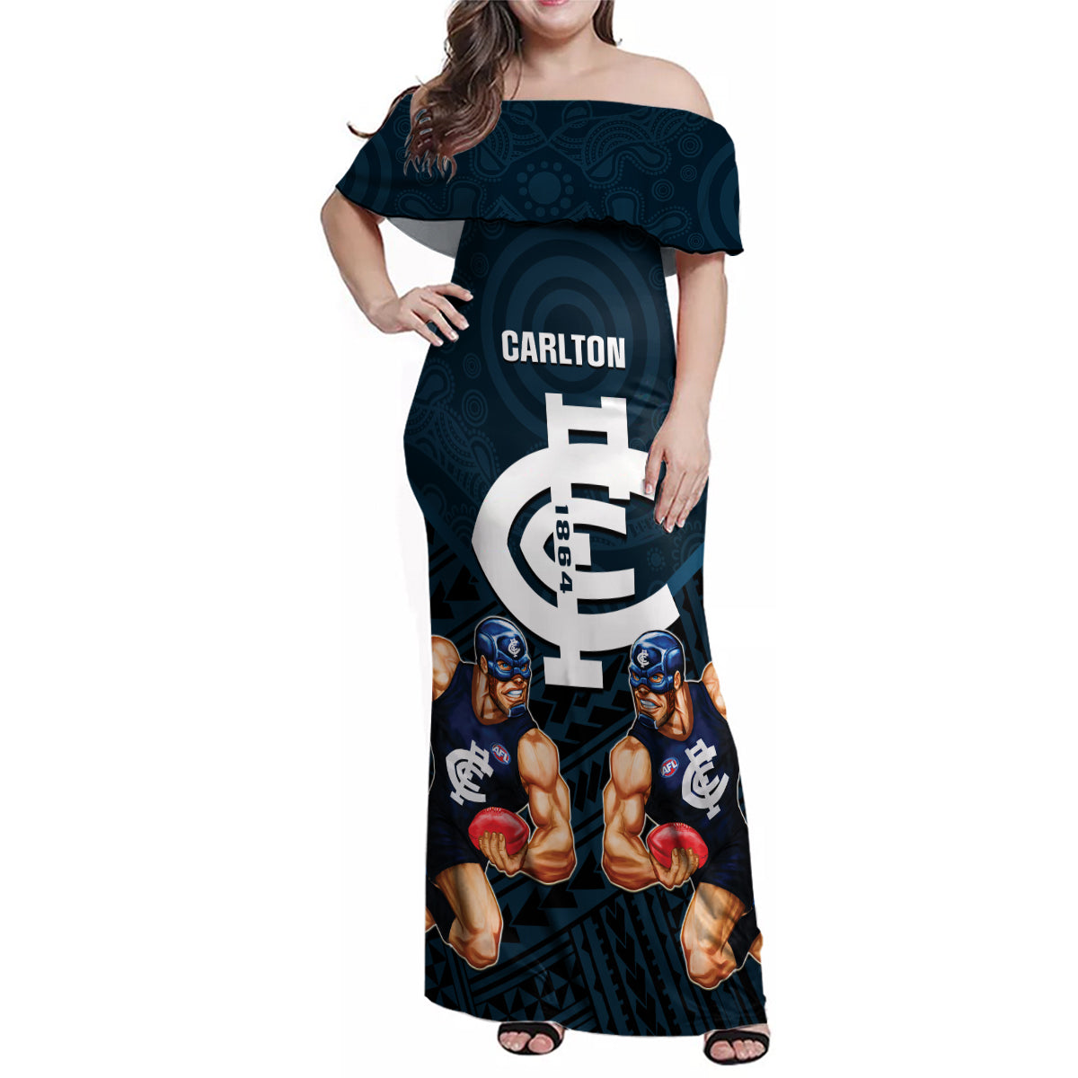 calrton-football-family-matching-off-shoulder-maxi-dress-and-hawaiian-shirt-blues-go-champions-2023-polynesian-indigenous-art