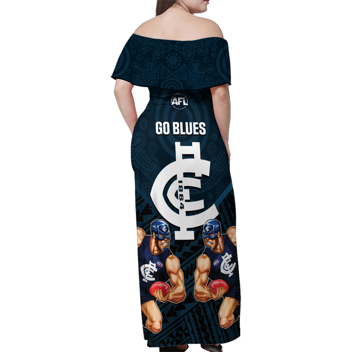 calrton-football-family-matching-off-shoulder-maxi-dress-and-hawaiian-shirt-blues-go-champions-2023-polynesian-indigenous-art