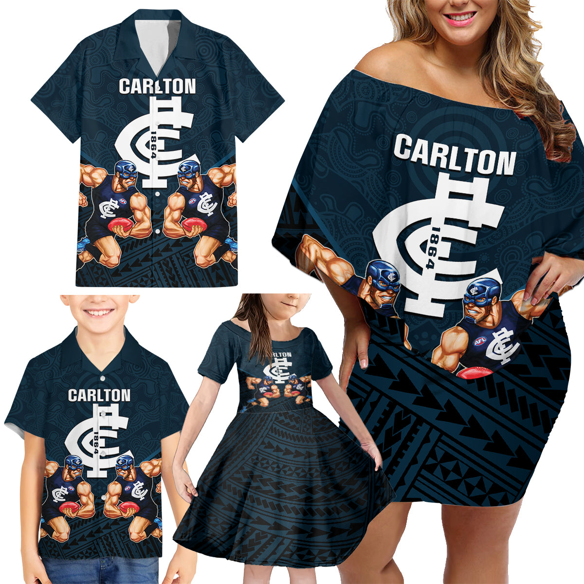 calrton-football-family-matching-off-shoulder-short-dress-and-hawaiian-shirt-blues-go-champions-2023-polynesian-indigenous-art