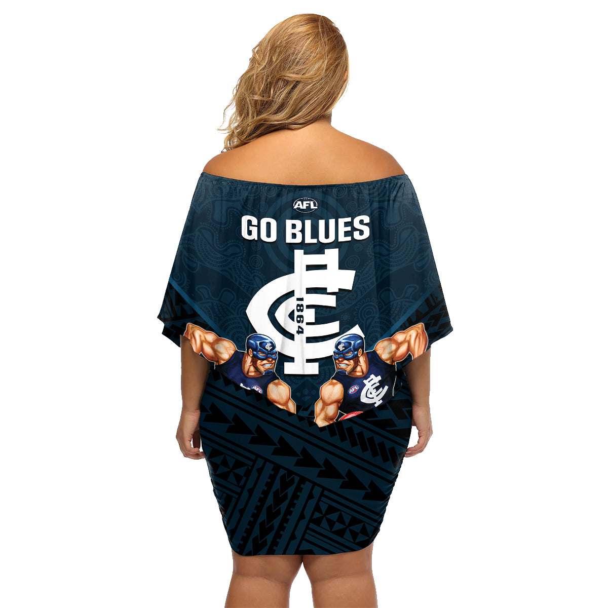 calrton-football-family-matching-off-shoulder-short-dress-and-hawaiian-shirt-blues-go-champions-2023-polynesian-indigenous-art