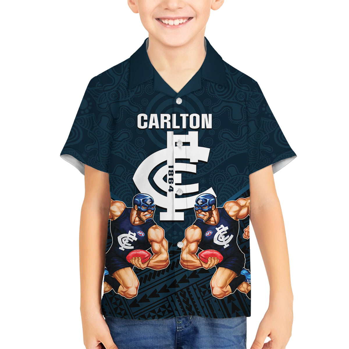 calrton-football-family-matching-puletasi-dress-and-hawaiian-shirt-blues-go-champions-2023-polynesian-indigenous-art